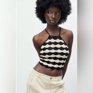 Zara Black and Cream Crochet Halter Top